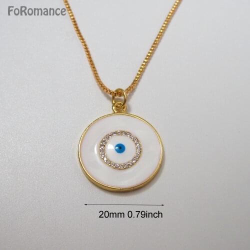 YELLOW GOLD PLATED GP 45CM BOX CHAIN & EVIL EYE WHITE ENAMELLED ROUND SHAPE WITH CZ STONES PENDANT DIA 20MM