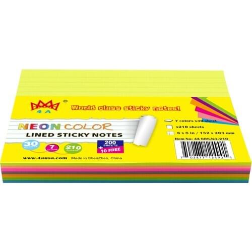 4A Sticky Notes 6 x 8 Inches 7 Neon Color Assorted Lined Stationery Planner Stickers Memo Pad Self-Stick Notes 4A 608-N-L-210