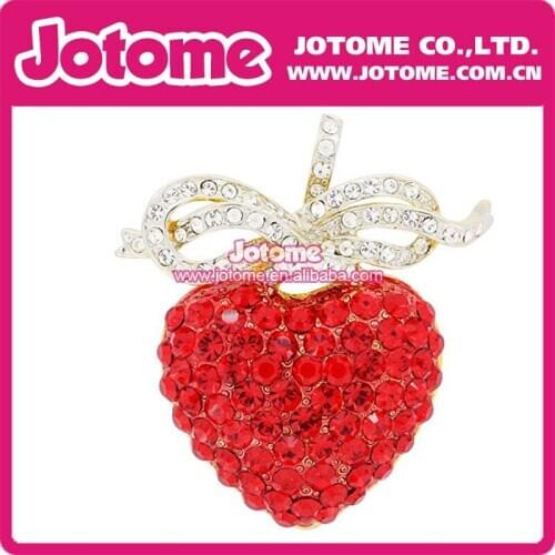 New Fashion Crystal Red Heart Shape Bow Brooches Strawberry Pins For Gift