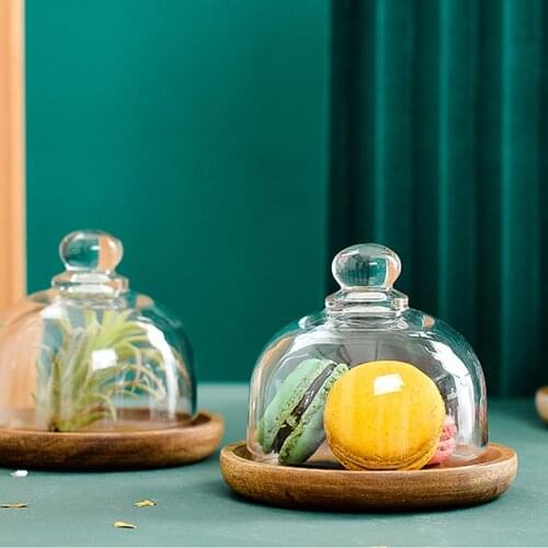 Wooden Dessert Plate With Glass Cover Mousse Tray for Kitchen Party Dessert Cake Plate Display Stand Cupcake Stand 1PC Tableware