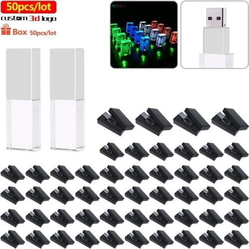 50pcs/lot with LED light free logo usbflash drives pendrive crystaltransparent glass usb2.0 16GB 32GB 64GB 128GB For wedding