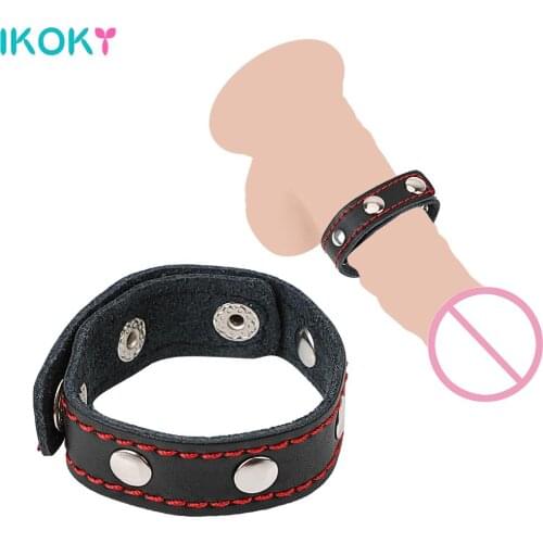 IKOKY Leather Belt Fasten Cock Rings Erotic Time Delay Ejaculation Adjustable Sex Toys For Men Penis Rings