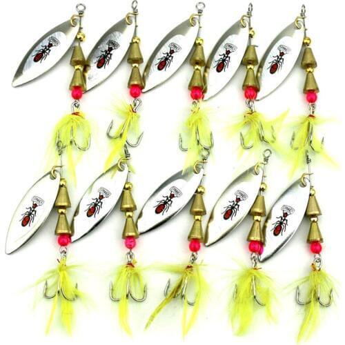 KKWEZVA 5pcs 7cm 5.5g Metal Spinner Spoon Fishing Lure Hard Baits Sequins Noise Paillette with Feather Treble Hook Tackle