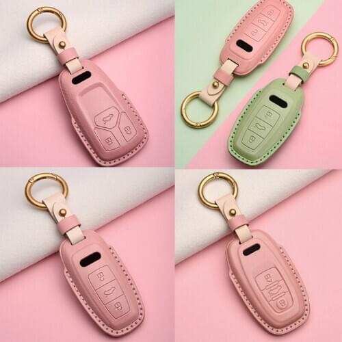 Leather Car Key Case Cover for Audi TT A4 A6 A7 A8 S5 Q5 Q3 Q7 Q8 C8 TT Key Ring Protection Shell Accessories Covers