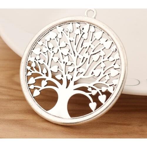 5 Pieces Large Hollow Life Tree Round Tibetan Silver Charms Pendant for Necklace Jewellery Making Findings 58x53mm