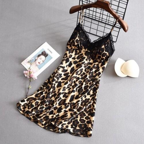 Hot Leopard Lace Satin Nightdress Sexy V-neck Strap Nighty Lady Mini Summer Sleepwear Intimate Lingerie Nightgown With Chestpads