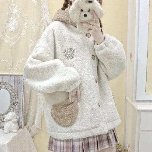 Japanese preppy style hooded jacket female Autumn winter cute casual vintage loose long-sleeved coat Harajuku kawaii ear outwear