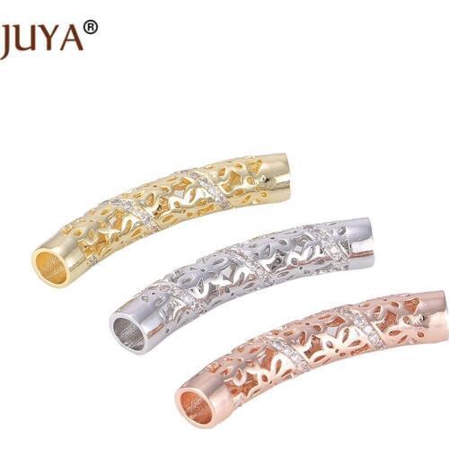 Brass Micro Pave Cubic Zirconia Flower Pattern Curved Long Tube Beads For Jewelry Making Diy Bracelets Necklaces Handicraft