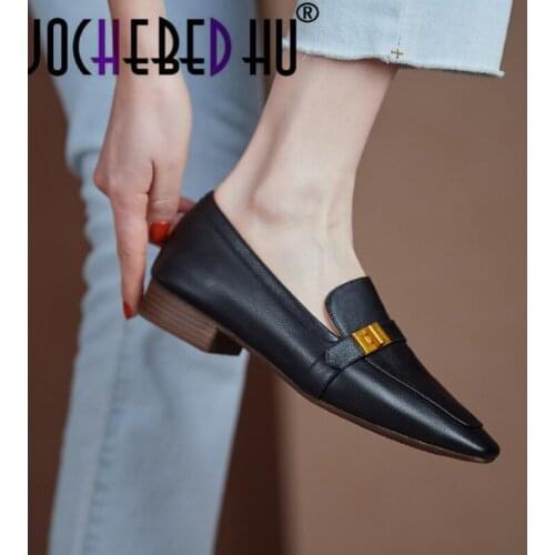【JOCHEBED HU】Women Genuine Leather Flats Woman Spring Autumn Metal Chain Decor Chunky Heels Loafers Round Toe Skid Proof Shoes 2