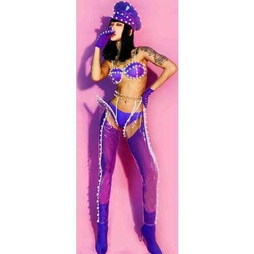 Nightclub Bar Female Singer DJ DS Costume Sexy Pearl Bra Perspective Pants Legs Cover WomenS Party Carnival Costumes DWY3327