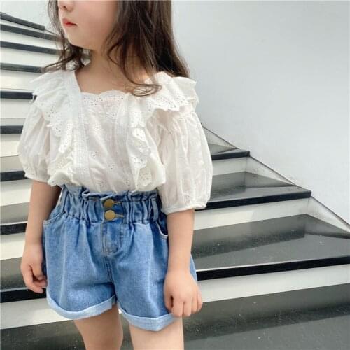 2021 Summer New Girls High Waist Flower Bud Shorts Korean Childrens Jeans Shorts Kids Girls Casual Denim Short Pants Baby Jeans