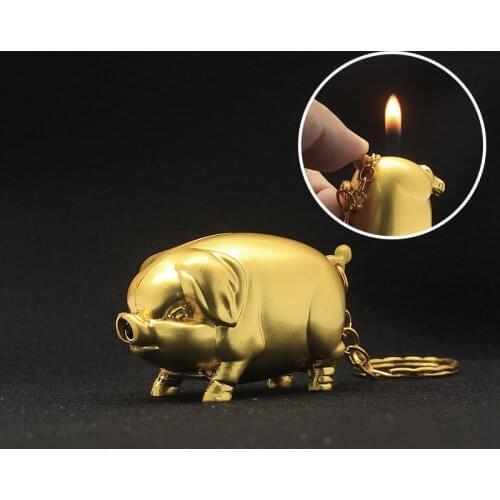 New Strange Golden Pig Pendant Inflatable Lighter Butane Open Flame Metal Lighter Smoking Keychain Interesting Gadget Gift
