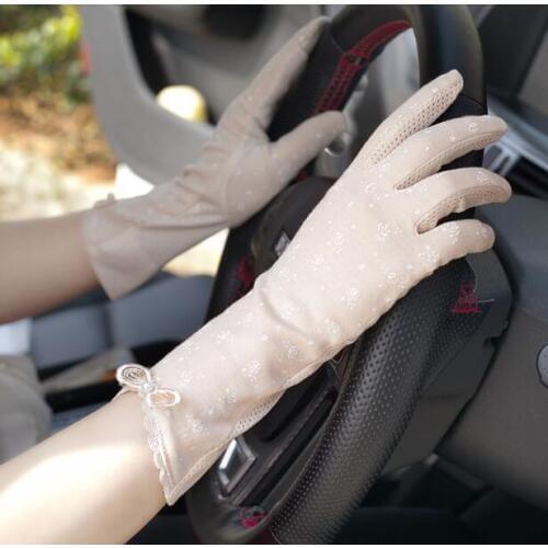 Womens Spring Summer Thin Sunscreen Print Cotton Driving Gloves Female Summer Medium long breathable Riding Gloves R838