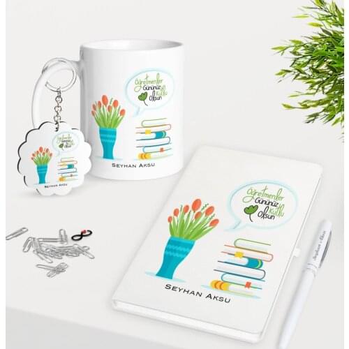 Personalized Teachers Present-Day Happy Mug Keychain White Notebook Pen Gift Seti-3
