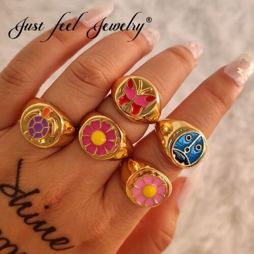 JUST FEEL New Korea Pink Daisy Enamel Golden Metal Ring For Women Multicolor Yin Yang Butterfly Tortoise Heart Geometric Jewelry