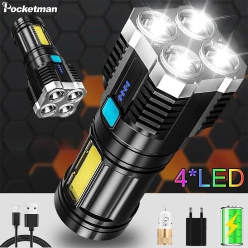 LED Flashlights 4 LED+ Side Light 4 Modes Flashlight Waterproof USB Rechargeable Torch Built-in Battery Longe Range Flashlight