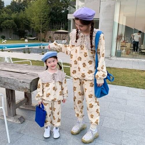 Lace Collar Hoodie and Bear Pants 2Pcs Fashion Family Look Family Matching Outfits Autumn New Mother Kids Sets