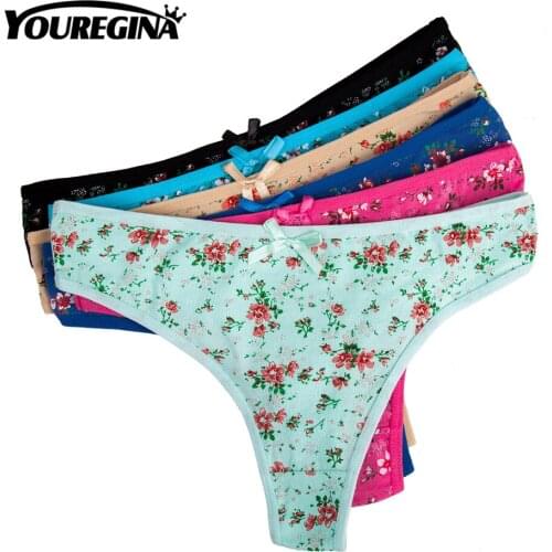 YOUREGINA Women Sexy Thong G-String Low-waist Floral Print Briefs Panties Lady Intimates Lingerie Bow Comfortable 6pcs/lot M-XL