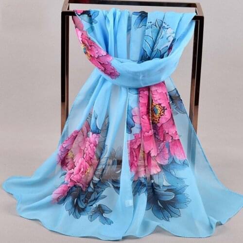 2020 FAL/WIN Peony flower breathable chiffon scarf silk square hijab cool shawl ladies foulard femme Scarves hair bufanda mujer