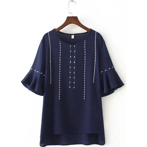 Plus Size XL-4XL Chiffon Tops Womens Short Flared Sleeve T-shirts Embroidery Shirts