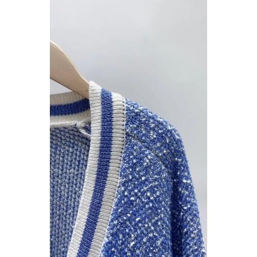 2021 Early Autumn Flash Yarn Patch Pocket Single-breasted V-neck Sweater Women Cardigan