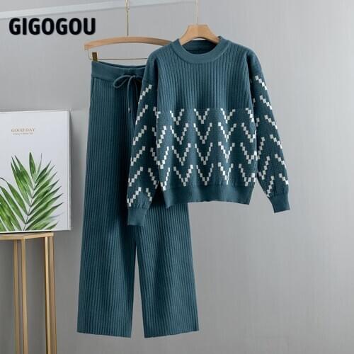 GIGOGOU Women Sweater Two Piece Knitted Sets Jacquard Tracksuit Chic Pullover Crewneck Long Sleeve Top Wide Leg Pants 2020
