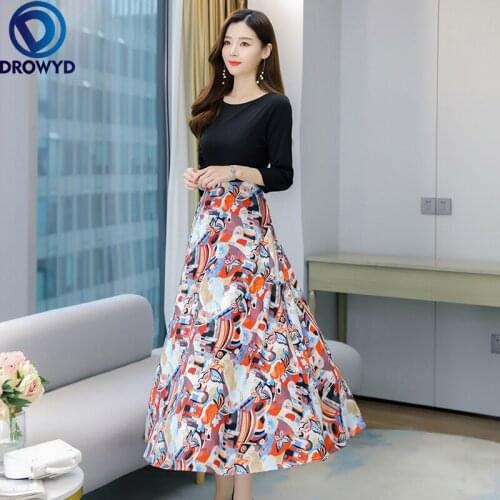 Long Dress Women Autumn 2021 New Office Lady French Style Vintage Print Full Sleeve Patchwork Chiffon O-Neck High Waist Dresses