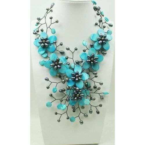 50cm new blue shell FW pearl flower handmade necklace