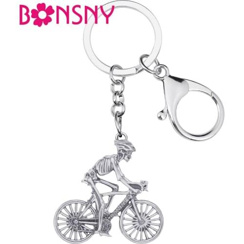 Bonsny Halloween Antique Gold Plated Bicycle Skull Keychains Skeleton Keyring Jewelry For Women Men Kid Fashion Gift Car Charms