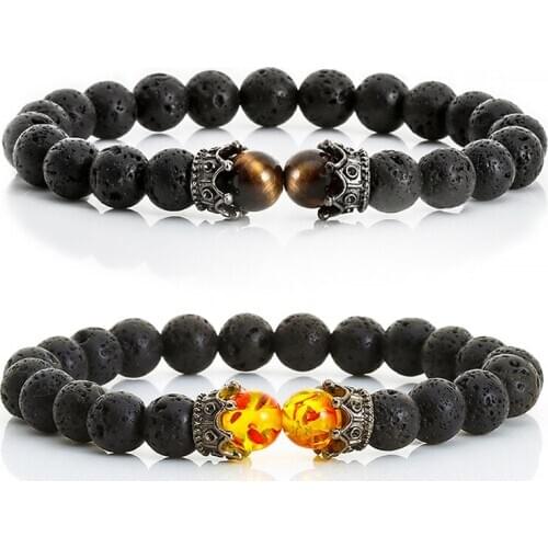 Charm Bracelet for Men Vintage Crown Natural Lava Stone Ambers Beads Women Bracelets Boho Couple Jewelry Male Pulseira bileklik