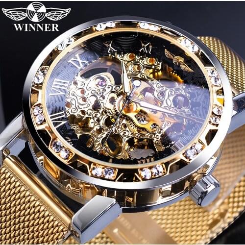 Winner Men Golden Watches Skeleton Mechanical Watch Crystal Mesh Slim Stainless Steel Band Top Brand Luxury Hand Wind Wristwatch