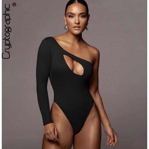 Cryptographic 2021 Spring Sexy Cut-Out Womens Bodysuits Elegant Club Party Solid Tops One Shoulder High Waist Bodysuit Rompers