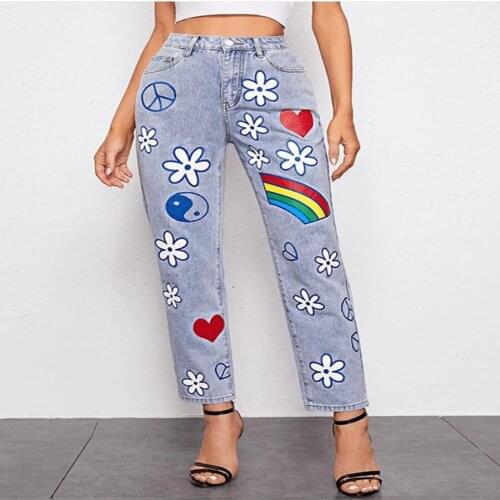 Flowers Print Straight Leg Jeans Women Spring Autumn Fashion Heart Pattern High Waisted Jeans Woman Casual Loose Cowboy Trousers