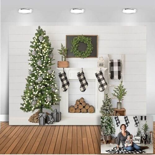 Christmas photography backdrop Christmas tree white brick fireplace wreath photo booth background happy new year Christmas party