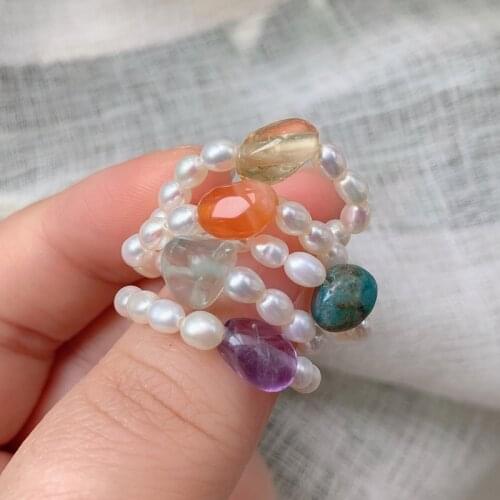 Real Amethysts Agates Citrines Fluorite Quartz Finger Ring Small Rice Pearls Knuckle Ring Elegant Natural Freshwater Pearl Rings
