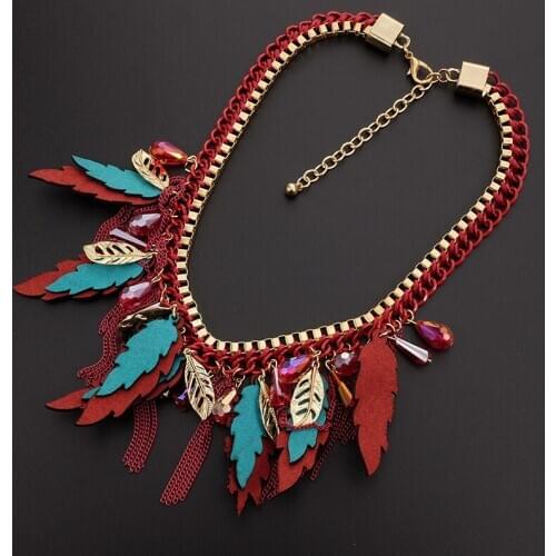 Red Statement Women Bohemin Trendy Ethnic Crystal Tree Leaf Pendant Collar Choker Necklace Fashion Jewelry
