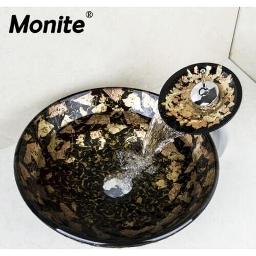 Monite Handle Wash basin Tempered Glass Hand-Painted Bowl Tap Lavatory Bathroom Sink Bath Brass Faucets Mixer Tap Set