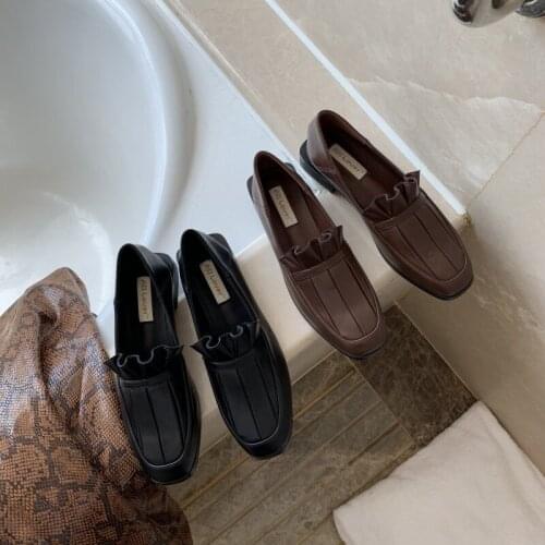 Japanese Ruffles small leather shoes woman thick heel moccasins square toe casual slip on mules ladies flats work oxford loafers