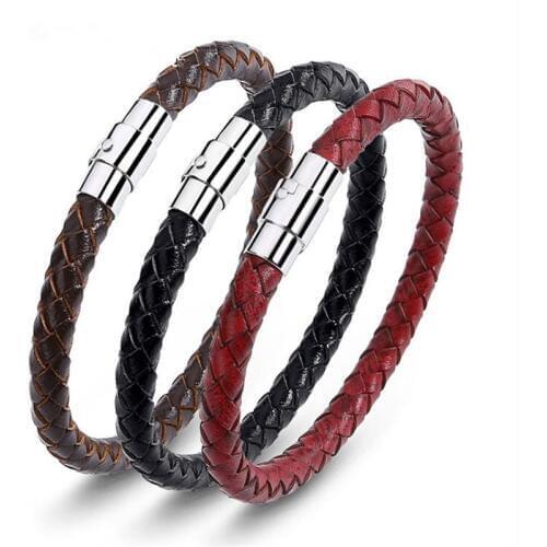 New 100% Genuine Braided Leather Bracelet Men Women Stainless Steel Magnetic Clasp Male Bracelets Bangles Jewelry 2018 Gift