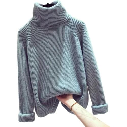 Autumn Winter Thick Turtleneck Knitted Sweater Women Loose High Collar Knit Pullover Tops Female Hem Split Fork Jumper Ladies
