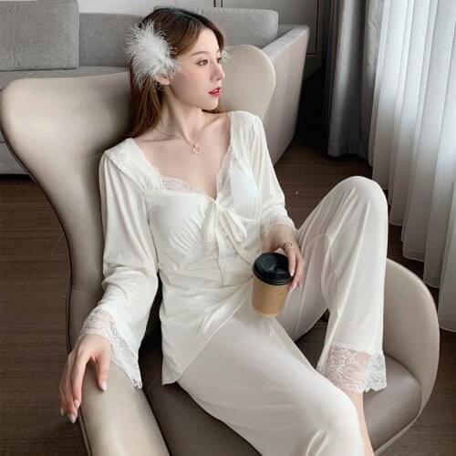 Womens Spring Autumn New Modal 2PCS Pajamas Set Sexy V-Neck Top&Pant Sleepwear Lace Bow Sweet Homewear White Casual Nightwear