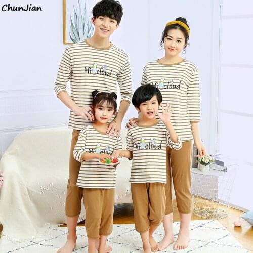 Family Pajamas Sets Childrens Striped Letter Pajama Suit Summer Pajama Girls Teenage Boys Sleepwear Pyjamas Kids Panda Pajama