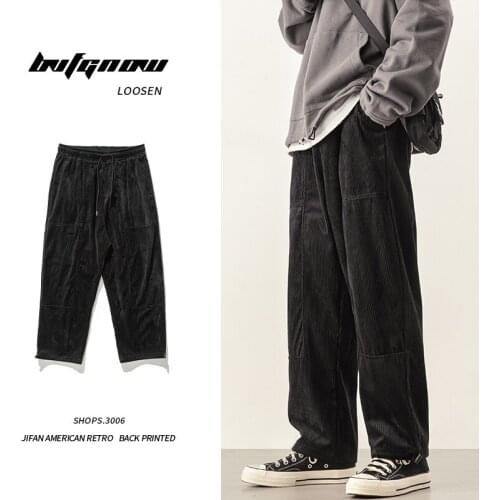 Autumn Mens Corduroy Pant Elastic Waist Loose Straight Trousers Fashion Causal Street Wide-Legged Sweatpants Male Plus Size 5XL