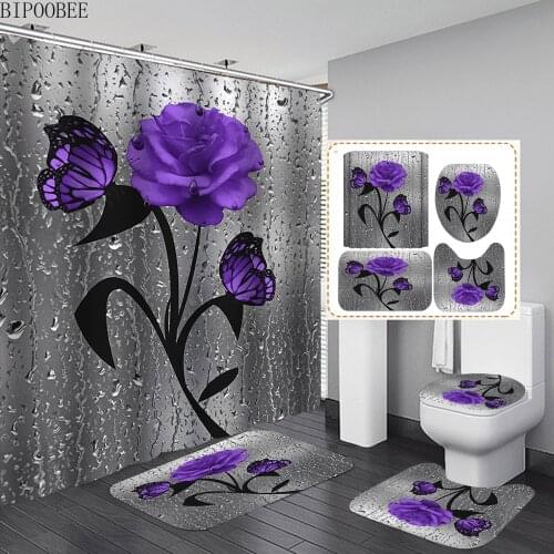 Water Drop Purple Purple Flowers Bathroom Curtains Set Flower Butterfly Leaf Shower Curtain Non-Slip Rug Toilet Cover Bath Mat