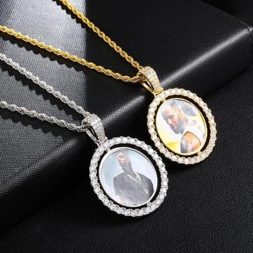 US7 Custom Made Photo Rotating double-sided Medallions Pendant Necklace 4mm Tennis Chain Zircon Mens Hip Hop Jewelry