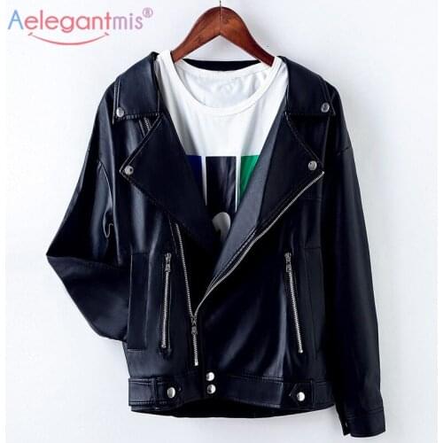 Aelegantmis Fashion Loose PU Faux Leather Jacket Women Cool Punk Moto Biker Jacket With Two Pockets Girl Basic Coat Streetwear