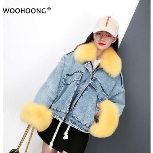 Denim Parka Winter Jacket Women Real Fur Coat Rex Rabbit Fur Loose Outerwear Streetwear Removable Fox Fur Collar Cuffs