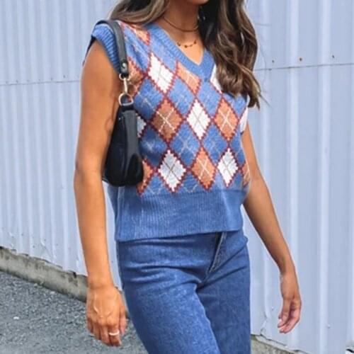 2021 Preppy Style Jacquard Colored Plaid Knitted Sweater Vest Women 90s Vintage Korean Clothing V neck Check Tank Top A777