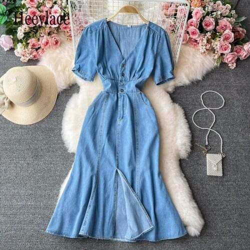 Women Causal Blue Summer V-Neck Slim Waist Fashion Short Sleeve Single Breasted Jeans Fishtail Long Dress Vestidos