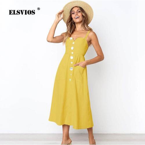 ELSVIOS Women Button Spaghetti Strap Boho dress 2019 Casual A Line Spring Midi Length Summer Dress sexy Off Shoulder Beach Dress